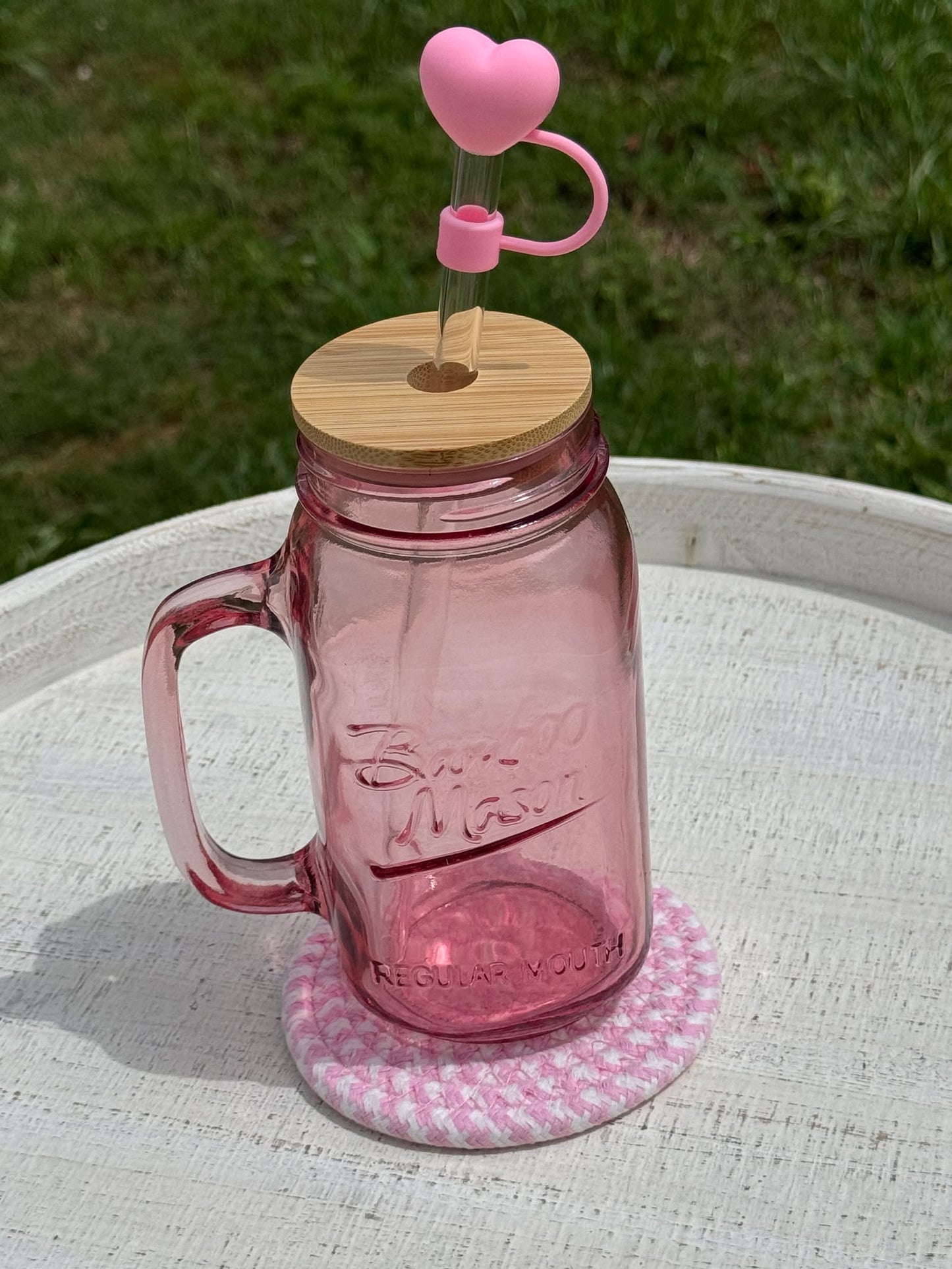 Pink Mason Jar with Handle and Straw
