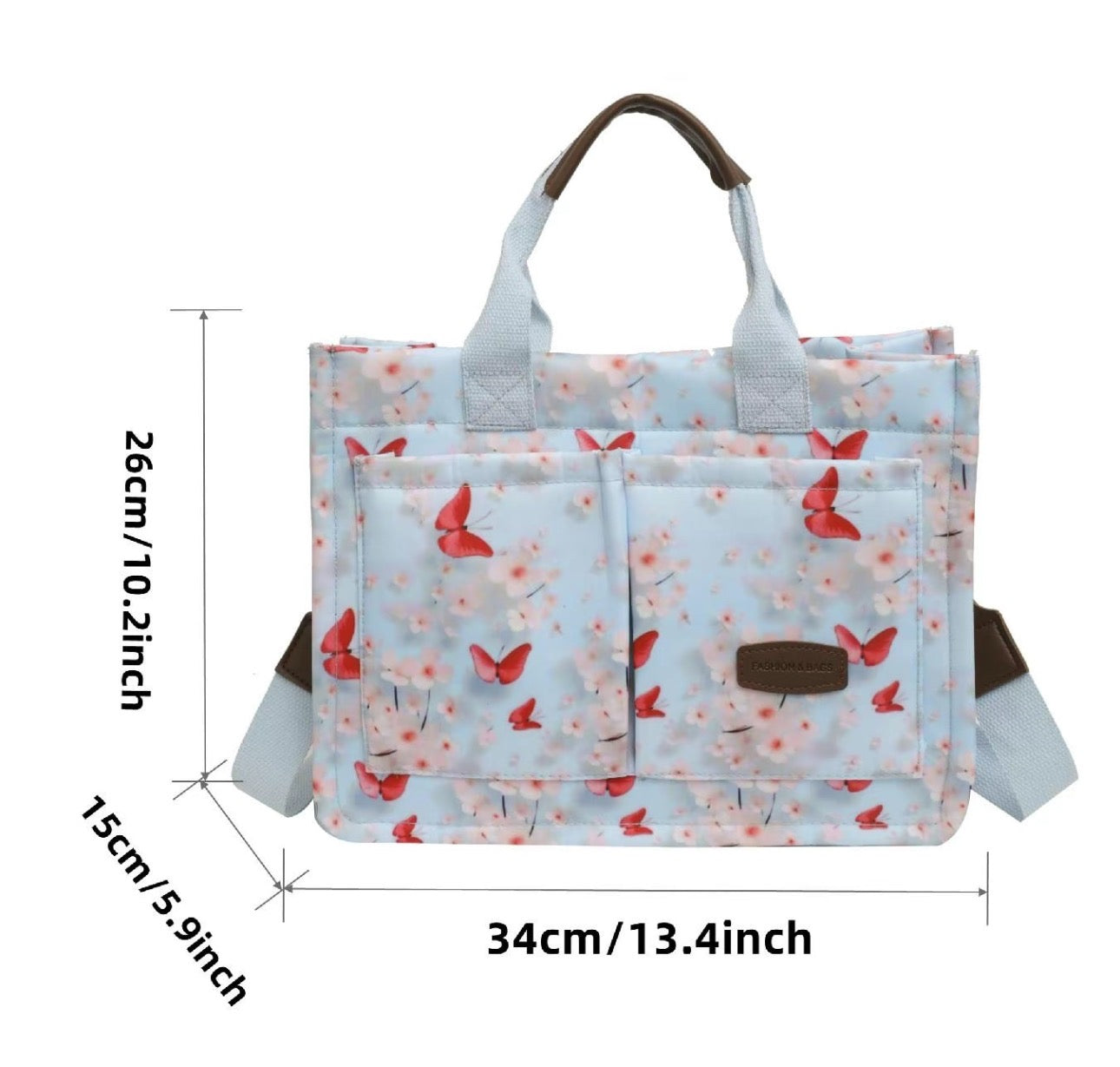 Red butterflies with blue tote bag