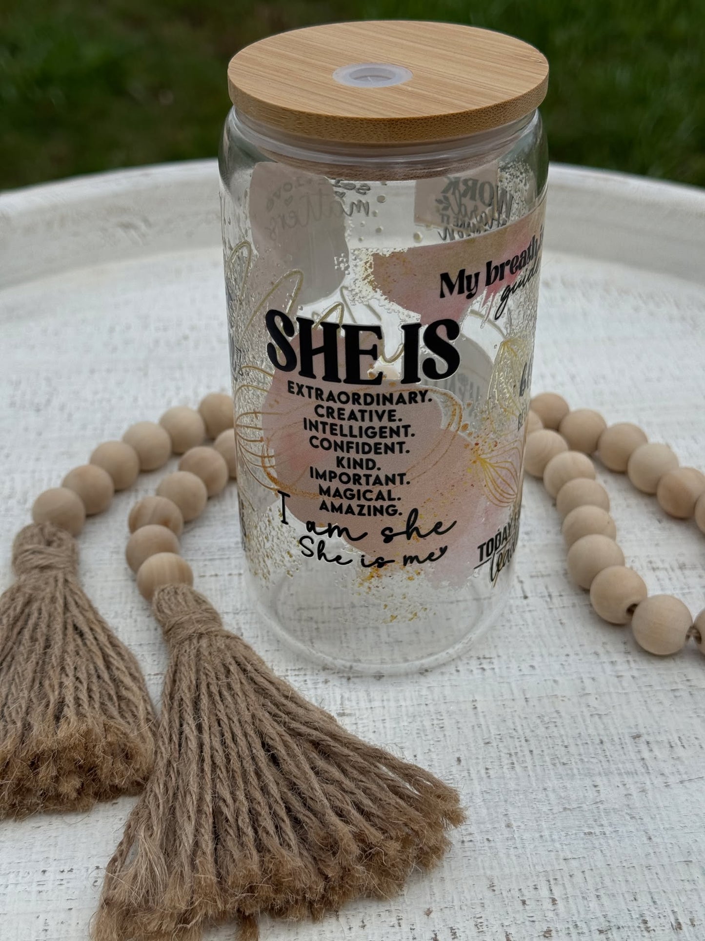 She is ( motivational 16 oz glass cup )