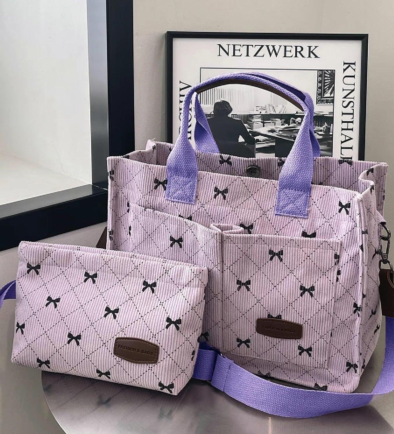 Violet tote bag with bows set