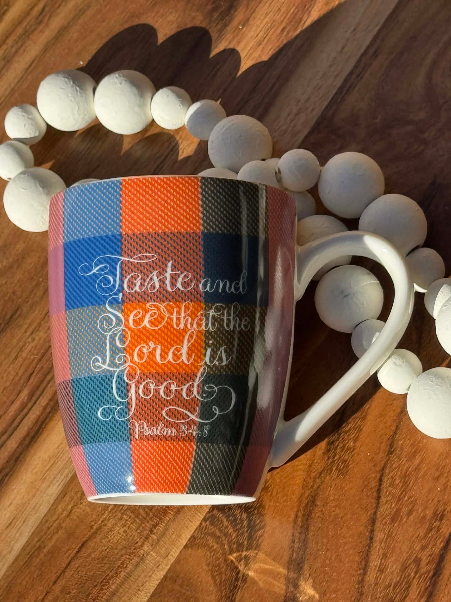 taste and see, checked 10 oz mug Psalm 34:8