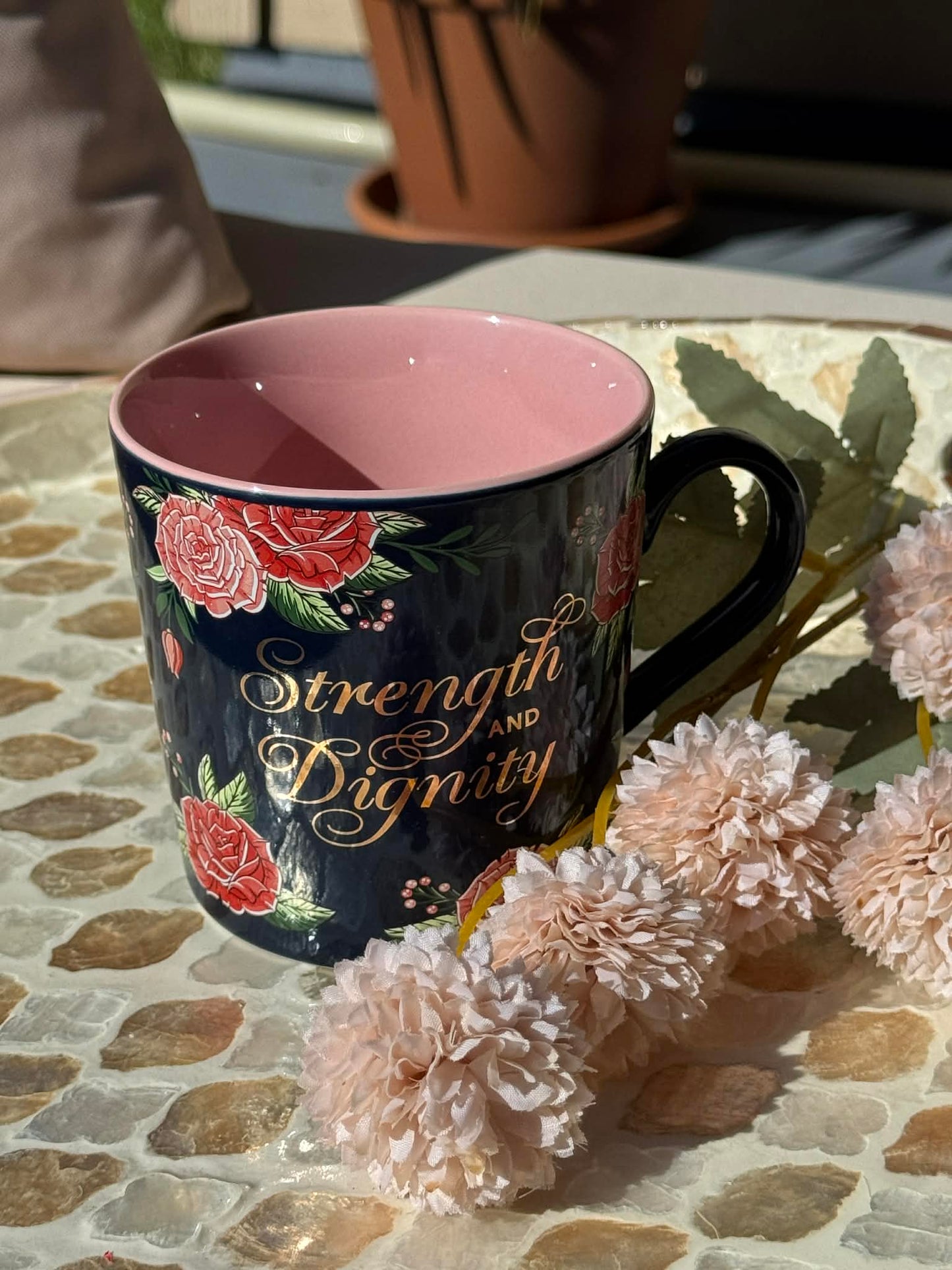 Strength and Dignity Pink Roses Ceramic Coffee Mug - Proverbs 31:25