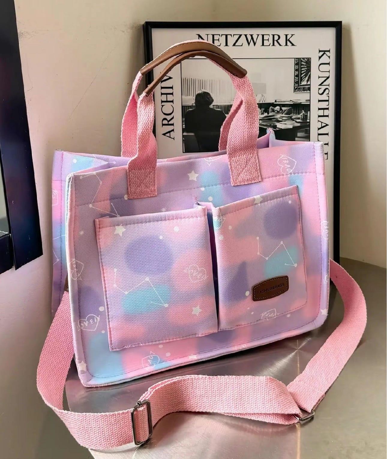 Pink & Purple tote with white hearts