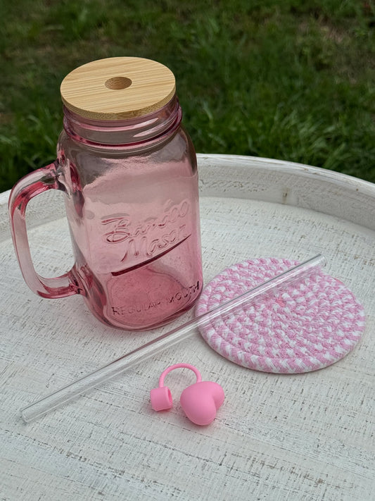 Pink Mason Jar with Handle and Straw