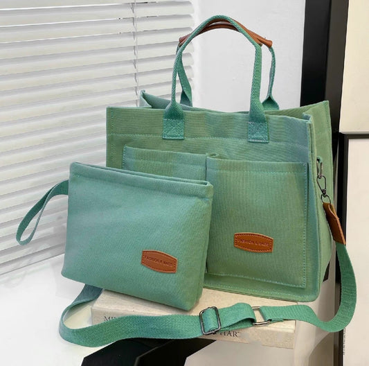 Solid green tote bag set