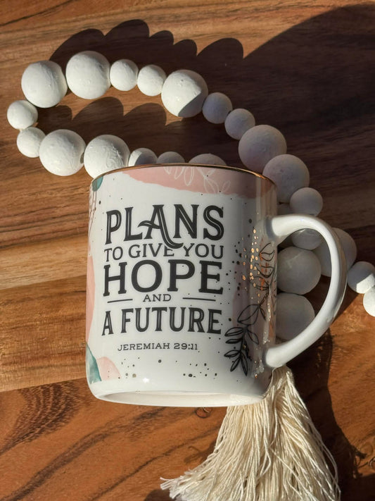 Mug Pink/White Abstract/Leaves Plans Jer. 29:11