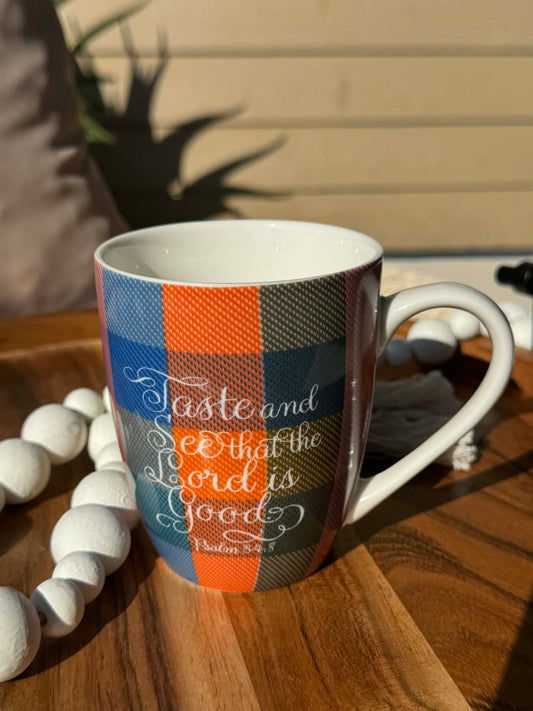 taste and see, checked 10 oz mug Psalm 34:8