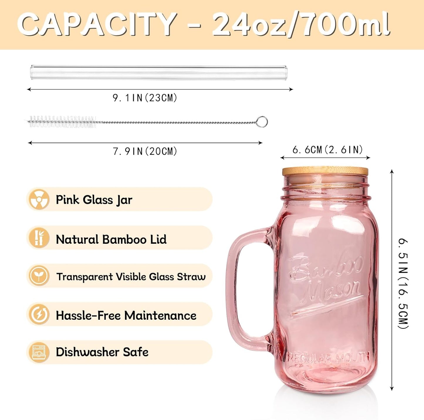 Pink Mason Jar with Handle and Straw