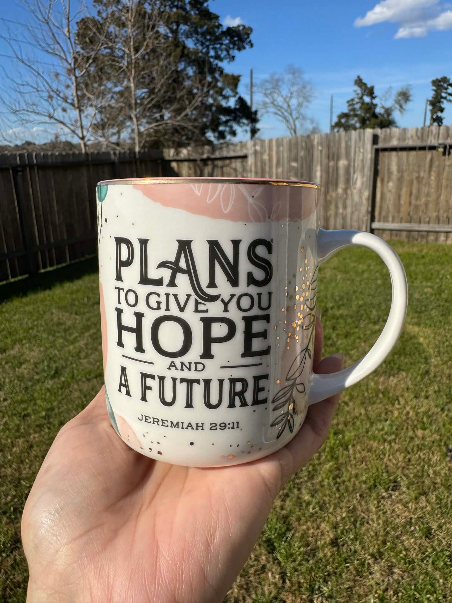 Mug Pink/White Abstract/Leaves Plans Jer. 29:11