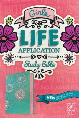 NLT Girls Life Application Study Bible--soft leather-look, teal/pink with flowers