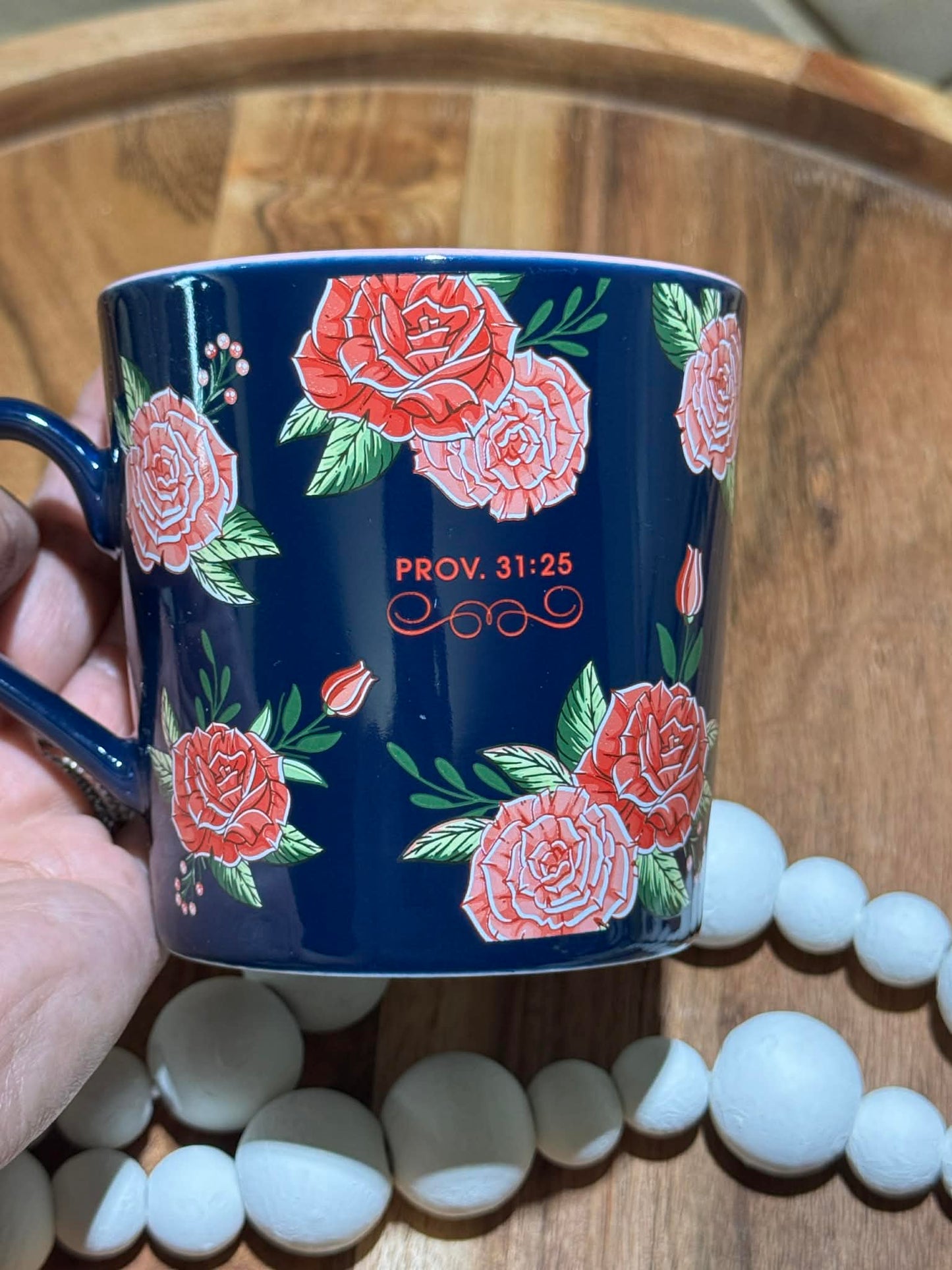 Strength and Dignity Pink Roses Ceramic Coffee Mug - Proverbs 31:25